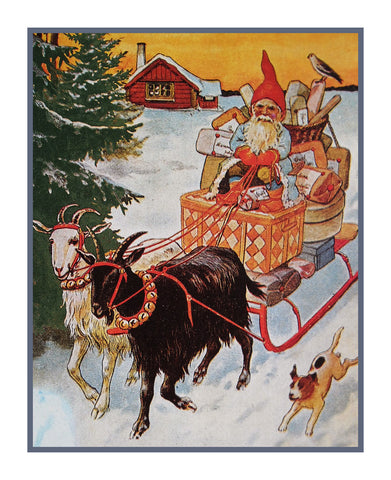 Elf Gnome Delivering Presents on Goat Sled Jenny Nystrom  Holiday Christmas Counted Cross Stitch Pattern