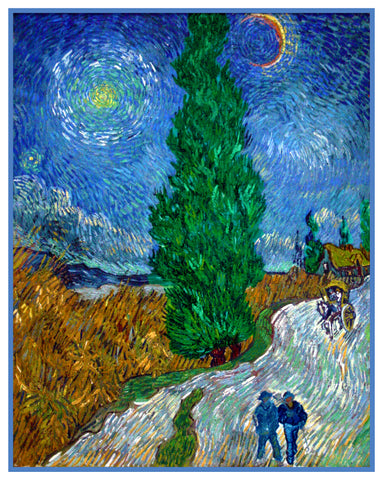 Road with Cypress and Star inspired by Impressionist Vincent Van Gogh's Painting Counted Cross Stitch Pattern