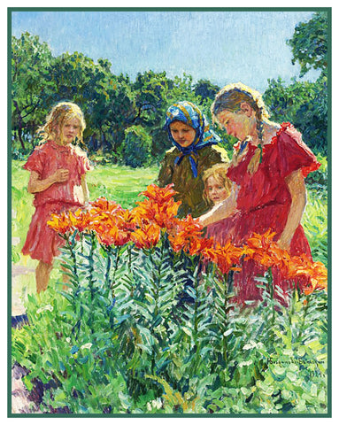 Picking Flowers Garden By Nikolay Bogdanov-Belsky Counted Cross Stitch Pattern