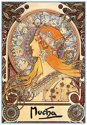 The Zodiac Maiden by Alphonse Mucha Counted Cross Stitch Pattern DIGITAL DOWNLOAD