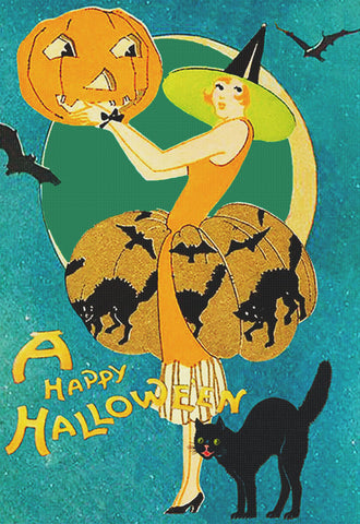 Halloween Vintage Art Deco Witch Counted Cross Stitch Pattern