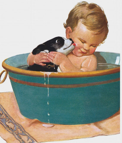 A Boy in a Bath with His Puppy By Jessie Willcox Smith Counted Cross Stitch Pattern