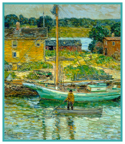 Oyster Sloop Boat Cos Cob New York by American Impressionist Painter Childe Hassam Counted Cross Stitch Pattern