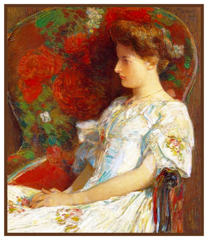 Woman in the Red Chair by American Impressionist Painter Childe Hassam Counted Cross Stitch Pattern