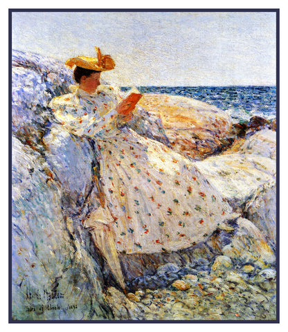 Woman Reading by the Sea on Isle of Shoals by American Impressionist Painter Childe Hassam Counted Cross Stitch Pattern