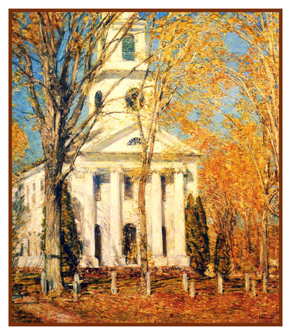 Church in Autumn Old Lyme Connecticut by American Impressionist Painter Childe Hassam Counted Cross Stitch Pattern