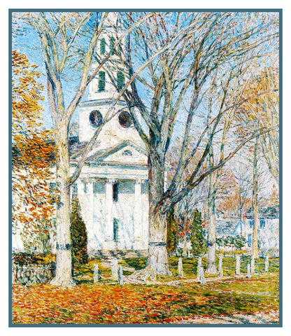 Church in Winter in Old Lyme Connecticut by American Impressionist Painter Childe Hassam Counted Cross Stitch Pattern