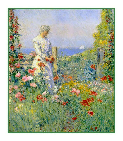 Celia Thaxter in the Garden Isle of Shoals by American Impressionist Painter Childe Hassam Counted Cross Stitch Pattern