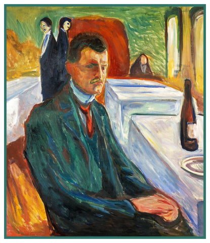 In a Cafe with Wine Self Portrait by Symbolist Artist Edvard Munch Counted Cross Stitch Pattern