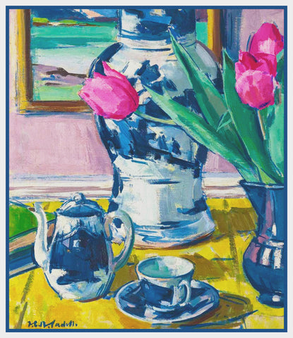 Vase of Pink Tulips Still Life by Francis Campbell Boileau Cadell Counted Cross Stitch Pattern
