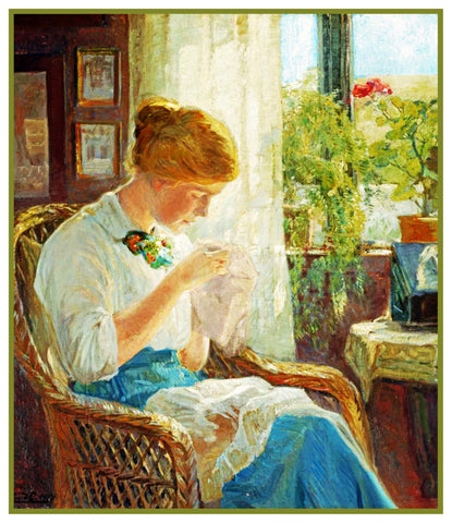 Woman Stitching in the Window inspired by Knud Erik Larsen's Art Counted Cross Stitch Pattern
