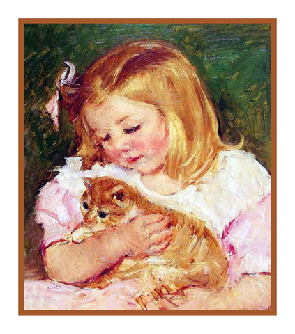 Sara Holding A Kitty Cat by American impressionist artist Mary Cassatt Counted Cross Stitch Pattern