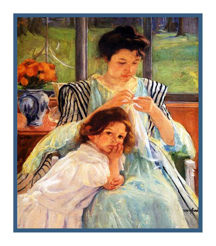 Young Mother Sewing by American impressionist artist Mary Cassatt Counted Cross Stitch Pattern