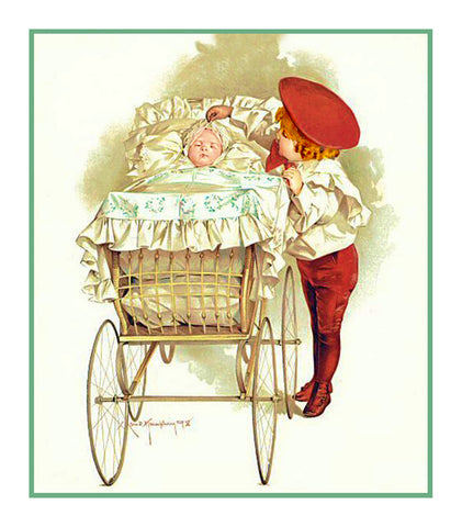 Young Boy looking in Baby Carriage by Maud Humphrey Bogart Counted Cross Stitch Pattern