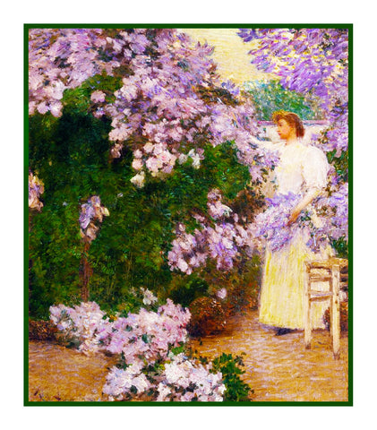 Mrs Hassam Cutting Lilacs  in the Garden by American Impressionist Painter Childe Hassam Counted Cross Stitch Pattern