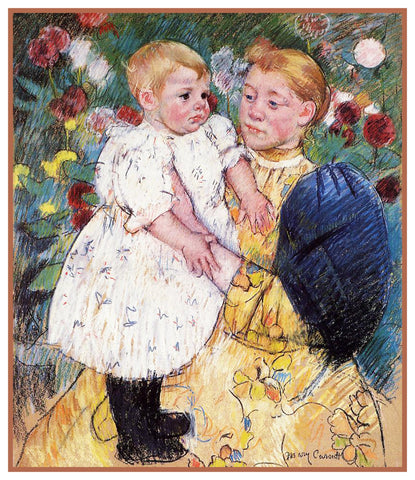 Mother and Child in the Garden by American impressionist artist Mary Cassatt Counted Cross Stitch Pattern