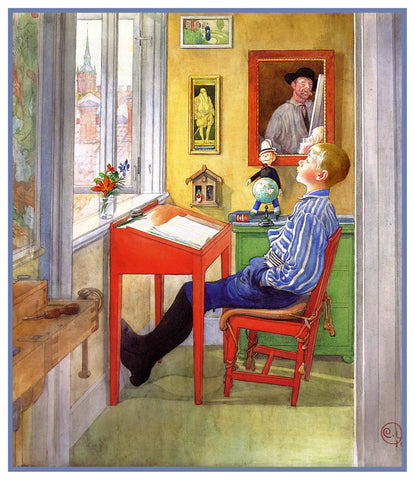 Ulf Doing Homework by Swedish Artist Carl Larsson Counted Cross Stitch Pattern