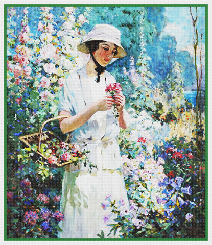 Woman in Flower Garden By  Abbott Fuller Graves Counted Cross Stitch Pattern