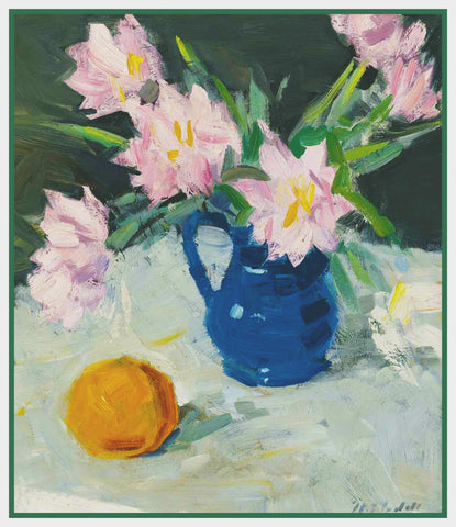 Pink Flowers in Blue Jug Still Life by Francis Campbell Boileau Cadell Counted Cross Stitch Pattern