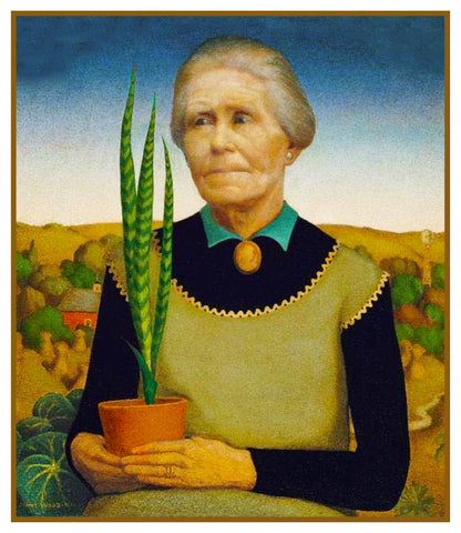 Woman with a Plant by American Painter Grant Wood Counted Cross Stitch Pattern DIGITAL DOWNLOAD