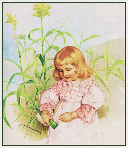 Young Girl Cornstalks by Maud Humphrey Bogart Counted Cross Stitch Pattern