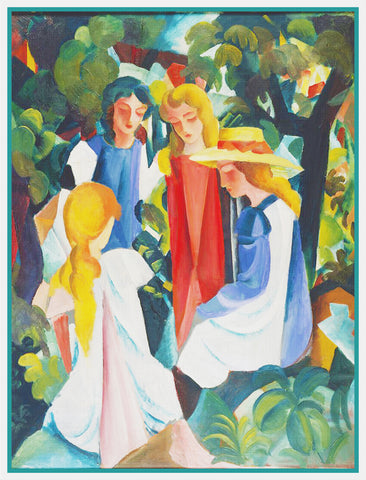 Four Girls Chatting by Expressionist Artist August Macke Counted Cross Stitch Pattern
