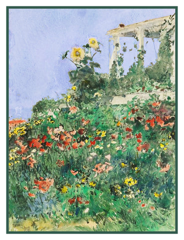 Summer Garden and Porch Isle of Shoals by American Impressionist Painter Childe Hassam Counted Cross Stitch Pattern