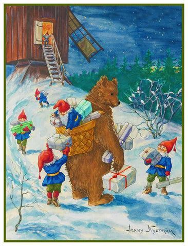 Elves and Bear Delivering Presents  by Jenny Nystrom Counted Cross Stitch Pattern DIGITAL DOWNLOAD