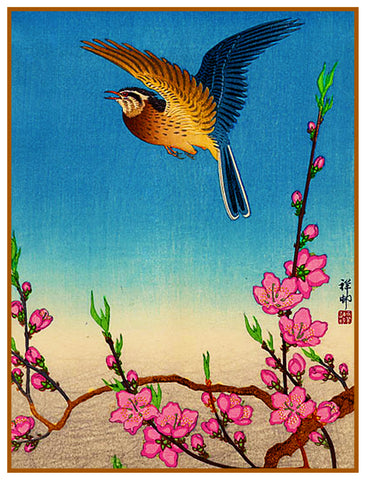Japanese Artist Ohara Shoson's  Nightingale Bird In Plum Blossoms Counted Cross Stitch Pattern