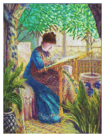 Camille Embroidering inspired by Claude Monet's Impressionist painting Counted Cross Stitch Pattern DIGITAL DOWNLOAD