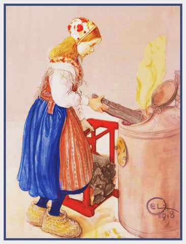 Swedish Carl Larsson Lillanna Feeds Cooker Counted Cross Stitch Chart Pattern