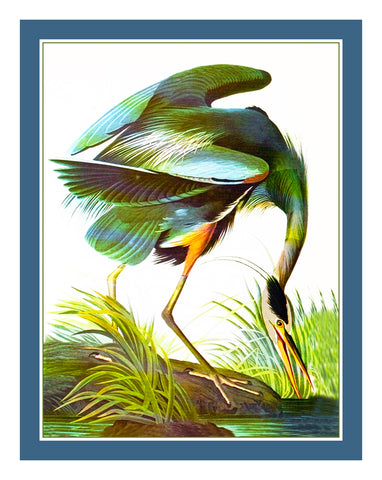 Blue Heron Bird Illustration by John James Audubon Counted Cross Stitch Pattern