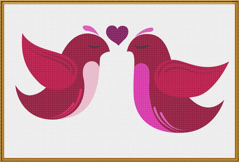 Contemporary Folk Art Love Birds in Pinks Heart Sew So Simple Counted Cross Stitch Pattern