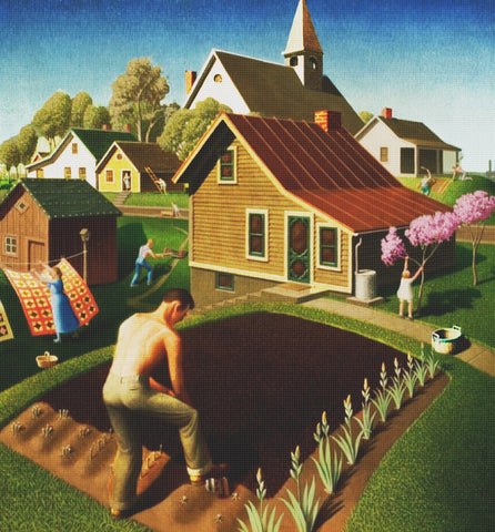 Spring Planting in the City by American Painter Grant Wood Counted Cross Stitch Pattern DIGITAL DOWNLOAD