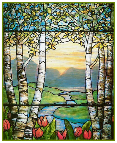 Tulip Flowers and Birch Trees inspired by Louis Comfort Tiffany  Counted Cross Stitch Pattern DIGITAL DOWNLOAD