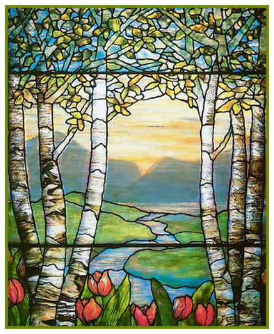 Tulip Flowers and Birch Trees inspired by Louis Comfort Tiffany  Counted Cross Stitch Pattern