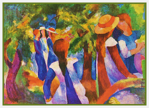 Girls Under Trees by Expressionist Artist August Macke Counted Cross Stitch Pattern