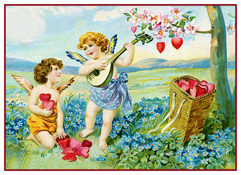 Vintage Valentine Angels Cupids Collecting Hearts From Antique Card Counted Cross Stitch Pattern