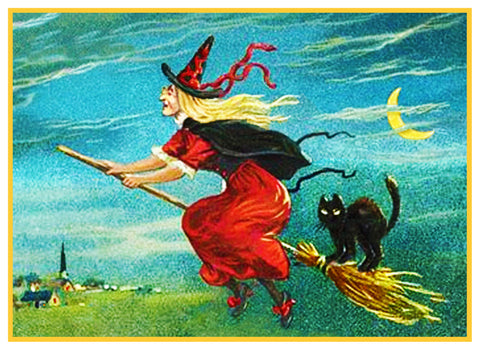 Victorian Halloween Flying Witch, Broom, Black Cat and Moon Counted Cross Stitch Pattern