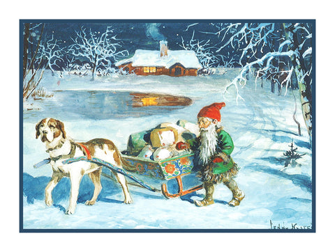 Elf Gnome Delivering Presents on Dog Sled Jenny Nystrom  Holiday Christmas Counted Cross Stitch Pattern