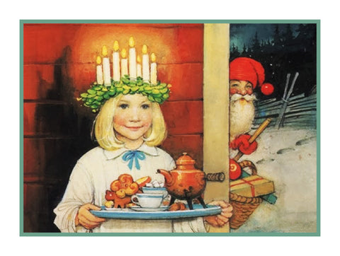 Girl Santa Lucia Festival with Elf Jenny Nystrom Holiday Christmas Counted Cross Stitch Pattern