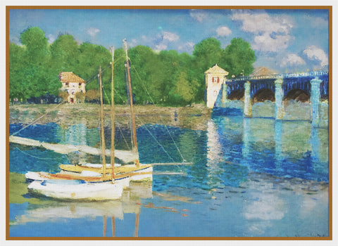 Boats at the Ohashi Bridge in Argenteuil inspired by Claude Monet's impressionist painting Counted Cross Stitch Pattern