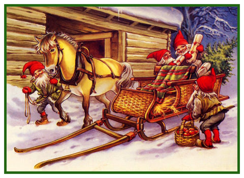 Elves Pack Christmas Horse Drawn Sleigh Jenny Nystrom  Holiday Christmas Counted Cross Stitch Pattern