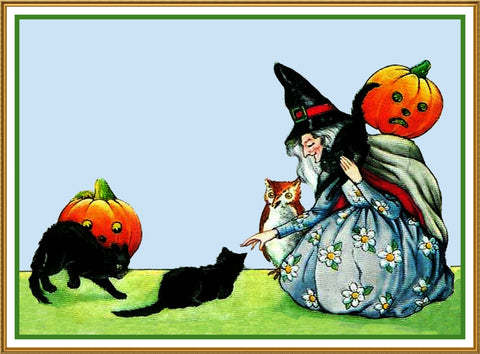 Vintage Halloween Black Cats Pumpkins and a Witch by Margaret Evans Price Counted Cross Stitch Pattern