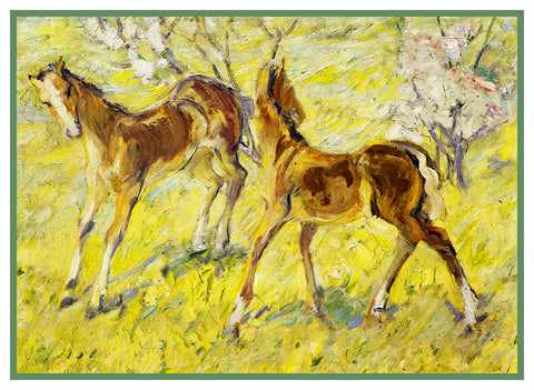 2 Horse Foals in Spring by Expressionist Artist Franz Marc Counted Cross Stitch Pattern