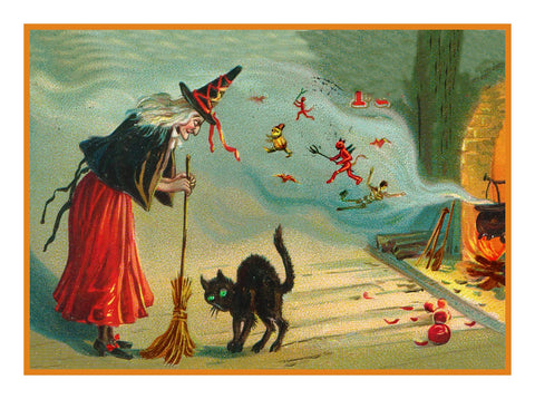 Victorian Halloween Witch, Fire, Cauldron and a Black Cat Counted Cross Stitch Pattern DIGITAL DOWNLOAD