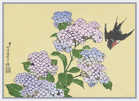 Asian Japanese Hydrangea and Swallow Hokusai Counted Cross Stitch Chart Pattern