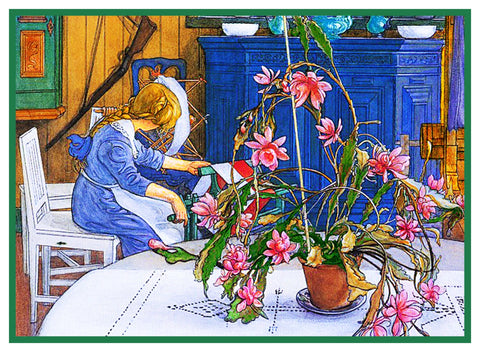 Carl Larsson Spinning Wheel Xmas Cactus Counted Cross Stitch Chart Pattern