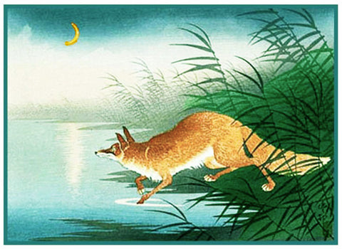Japanese Artist Ohara Shoson's Fox In The Reeds Counted Cross Stitch Pattern