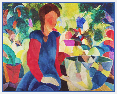 The Girl With Fish Bowl by Expressionist Artist August Macke Counted Cross Stitch Pattern